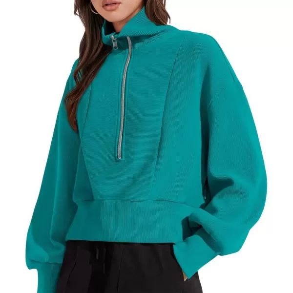 imagePRETTYGARDEN Womens Fall Fashion Zip Up Sweatshirt Casual Long Lantern Sleeve Split Hem Collared Blouse TopAqua Green