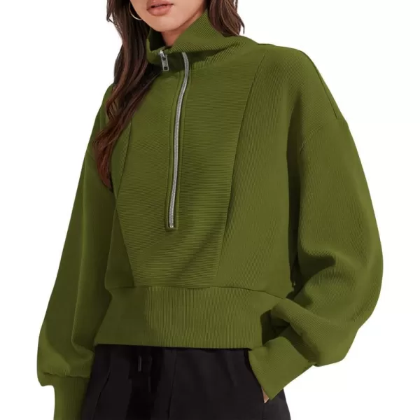 imagePRETTYGARDEN Womens Fall Fashion Zip Up Sweatshirt Casual Long Lantern Sleeve Split Hem Collared Blouse TopArmy Green