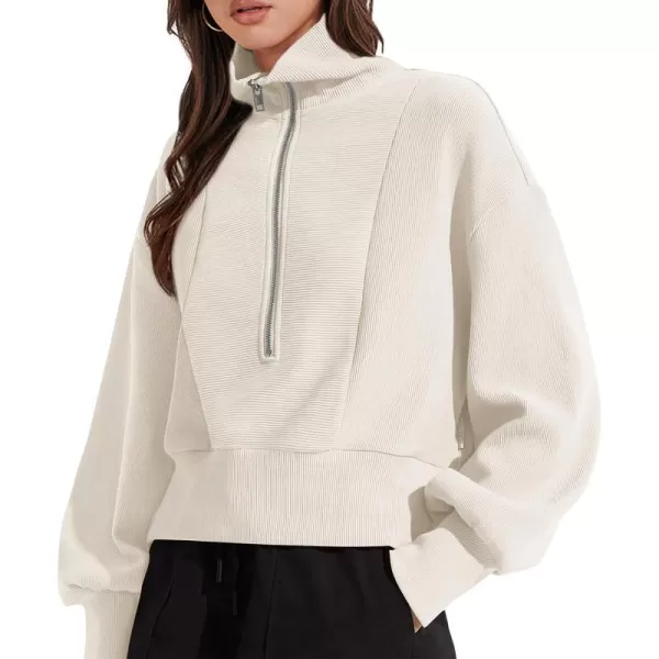 imagePRETTYGARDEN Womens Fall Fashion Zip Up Sweatshirt Casual Long Lantern Sleeve Split Hem Collared Blouse TopBeige White