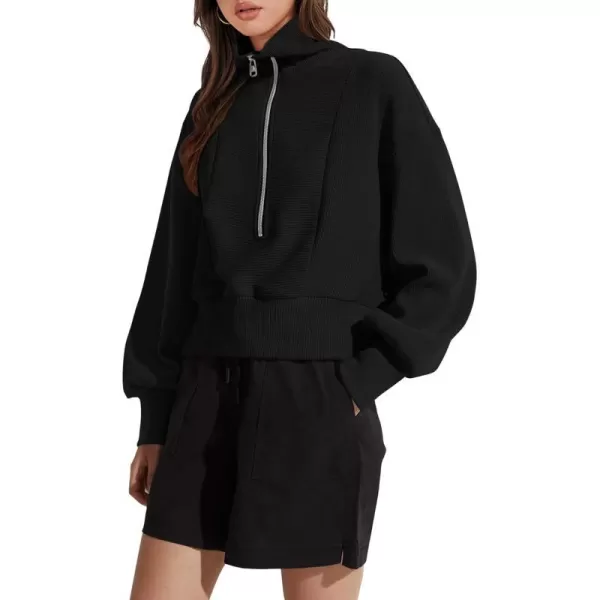 imagePRETTYGARDEN Womens Fall Fashion Zip Up Sweatshirt Casual Long Lantern Sleeve Split Hem Collared Blouse TopBlack