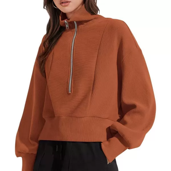 imagePRETTYGARDEN Womens Fall Fashion Zip Up Sweatshirt Casual Long Lantern Sleeve Split Hem Collared Blouse TopBrown