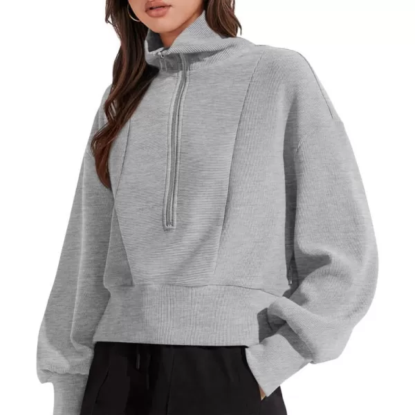 imagePRETTYGARDEN Womens Fall Fashion Zip Up Sweatshirt Casual Long Lantern Sleeve Split Hem Collared Blouse TopGrey
