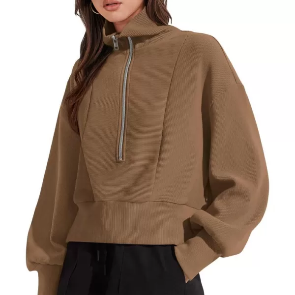 imagePRETTYGARDEN Womens Fall Fashion Zip Up Sweatshirt Casual Long Lantern Sleeve Split Hem Collared Blouse TopKhaki