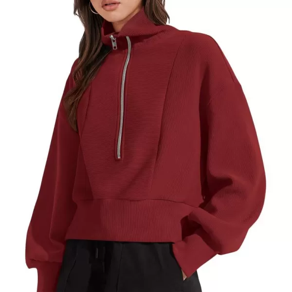 imagePRETTYGARDEN Womens Fall Fashion Zip Up Sweatshirt Casual Long Lantern Sleeve Split Hem Collared Blouse TopWine Red