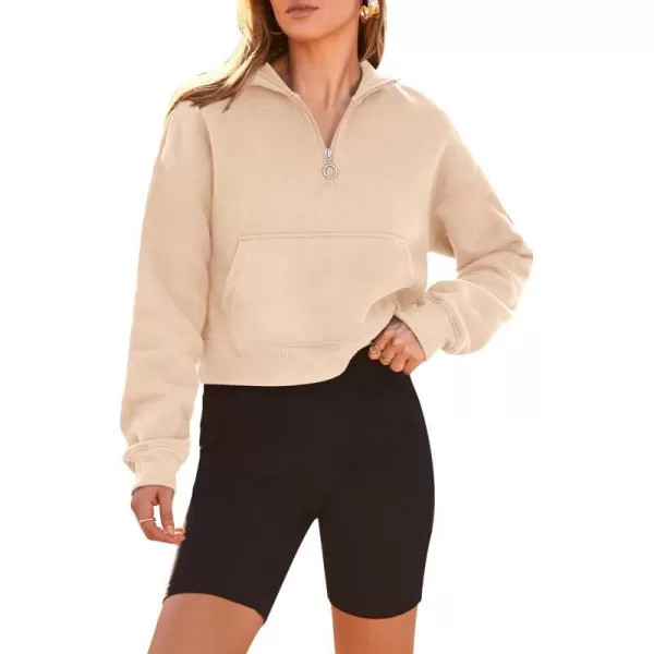 imagePRETTYGARDEN Womens Fall Fashion Zip Up Sweatshirt Casual Long Sleeve Collared Crop Tops Blouse ActivewearBeige