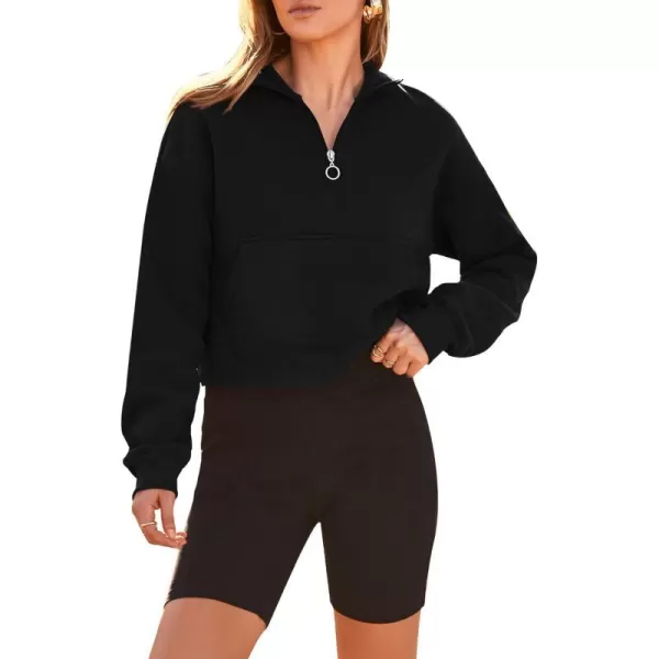 imagePRETTYGARDEN Womens Fall Fashion Zip Up Sweatshirt Casual Long Sleeve Collared Crop Tops Blouse ActivewearBlack