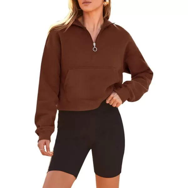 imagePRETTYGARDEN Womens Fall Fashion Zip Up Sweatshirt Casual Long Sleeve Collared Crop Tops Blouse ActivewearCoffee