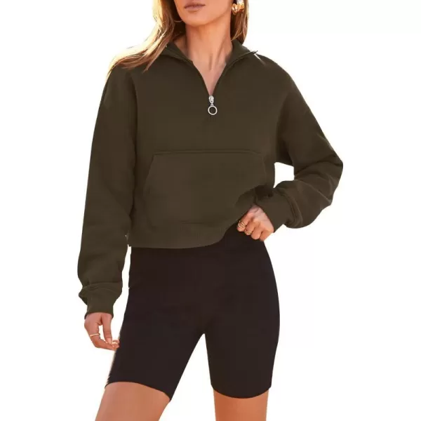 imagePRETTYGARDEN Womens Fall Fashion Zip Up Sweatshirt Casual Long Sleeve Collared Crop Tops Blouse ActivewearDark Army Green