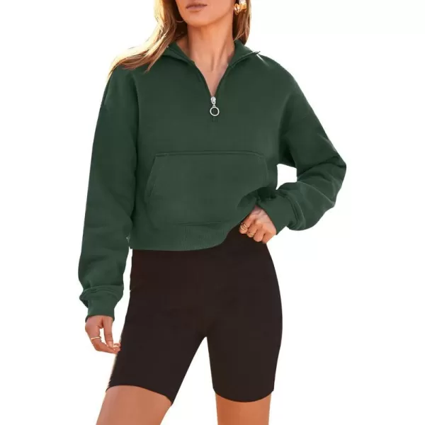 imagePRETTYGARDEN Womens Fall Fashion Zip Up Sweatshirt Casual Long Sleeve Collared Crop Tops Blouse ActivewearDark Green