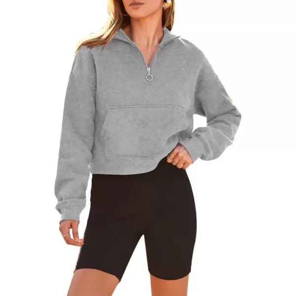 imagePRETTYGARDEN Womens Fall Fashion Zip Up Sweatshirt Casual Long Sleeve Collared Crop Tops Blouse ActivewearGrey