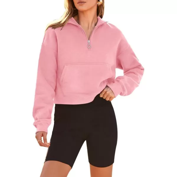 imagePRETTYGARDEN Womens Fall Fashion Zip Up Sweatshirt Casual Long Sleeve Collared Crop Tops Blouse ActivewearPink