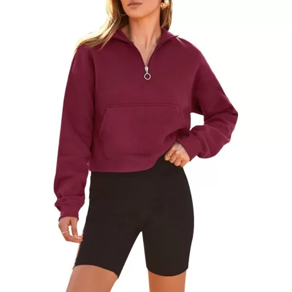 imagePRETTYGARDEN Womens Fall Fashion Zip Up Sweatshirt Casual Long Sleeve Collared Crop Tops Blouse ActivewearWine Red