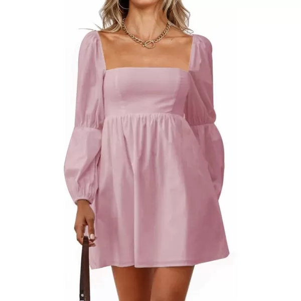 imagePRETTYGARDEN Womens Fall Long Puff Sleeve Babydoll Dress Casual Square Neck Elastic Waist Ruffle A Line Mini DressesPink
