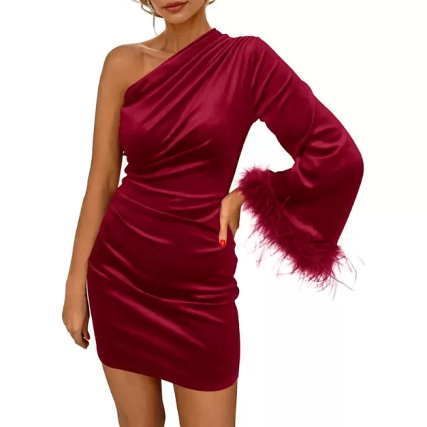 imagePRETTYGARDEN Womens Fall Long Sleeve Velvet Dress One Shoulder Mini Bodycon Wedding Guest Party DressesDark Red