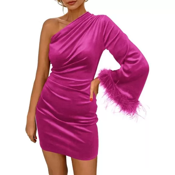 imagePRETTYGARDEN Womens Fall Long Sleeve Velvet Dress One Shoulder Mini Bodycon Wedding Guest Party DressesRose Red