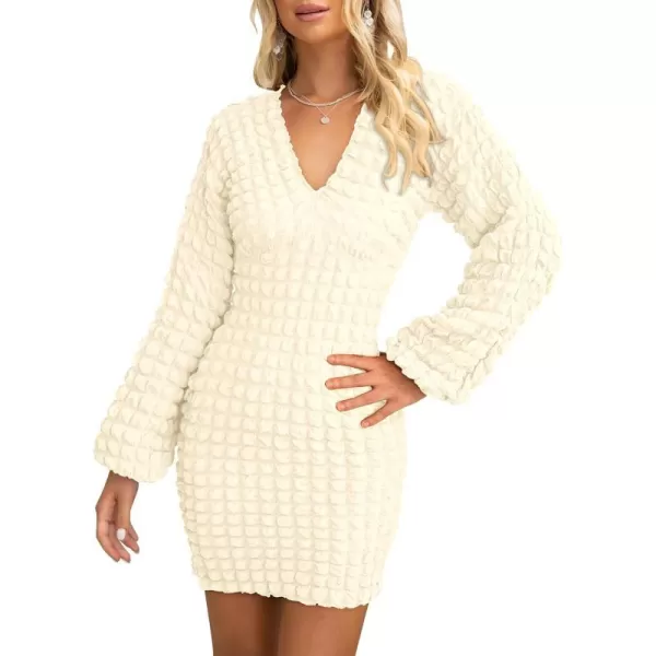 imagePRETTYGARDEN Womens Fall Mini Bodycon Dress Long Puff Sleeve V Neck Fitted Party Club DressesBeige
