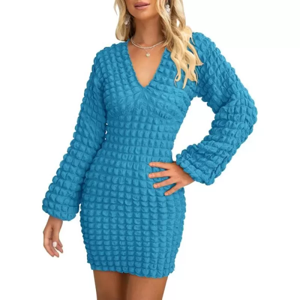 imagePRETTYGARDEN Womens Fall Mini Bodycon Dress Long Puff Sleeve V Neck Fitted Party Club DressesBlue