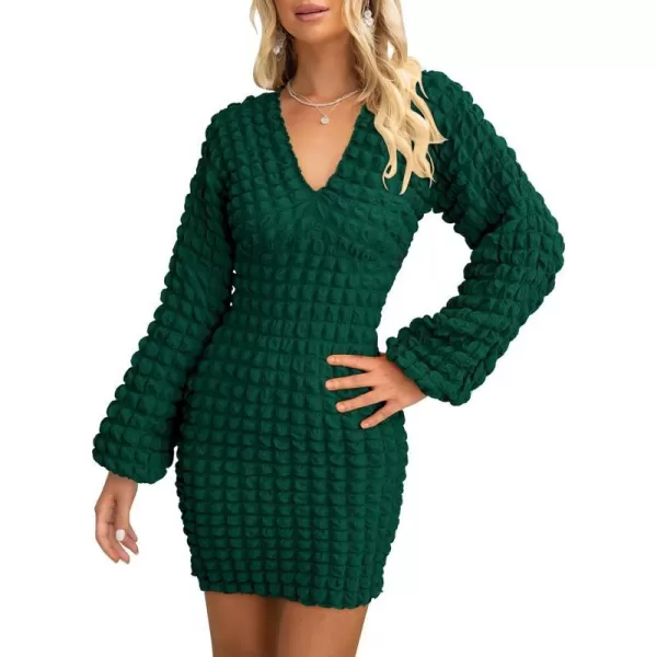 imagePRETTYGARDEN Womens Fall Mini Bodycon Dress Long Puff Sleeve V Neck Fitted Party Club DressesDark Green