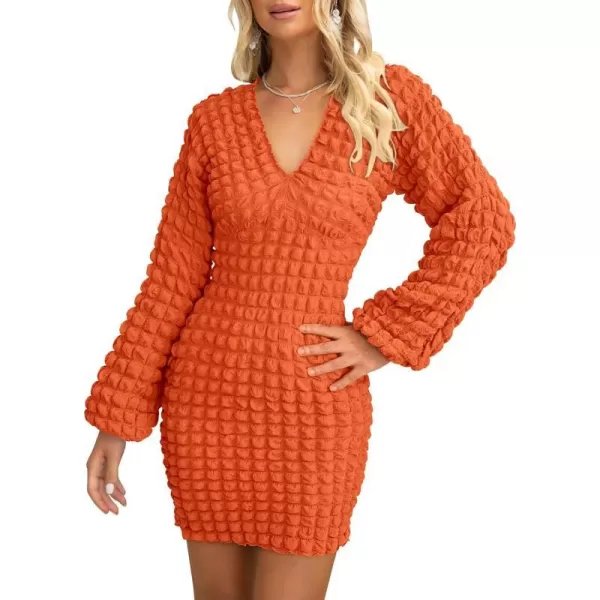 imagePRETTYGARDEN Womens Fall Mini Bodycon Dress Long Puff Sleeve V Neck Fitted Party Club DressesOrange