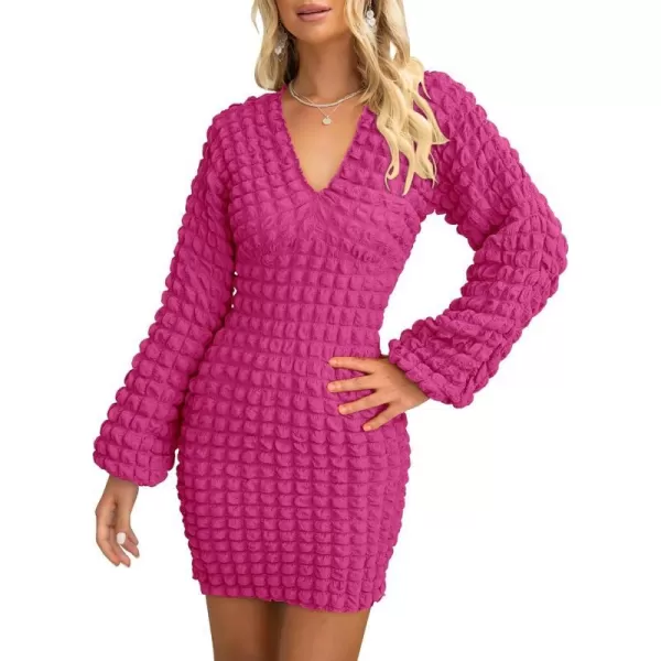 imagePRETTYGARDEN Womens Fall Mini Bodycon Dress Long Puff Sleeve V Neck Fitted Party Club DressesRose Red