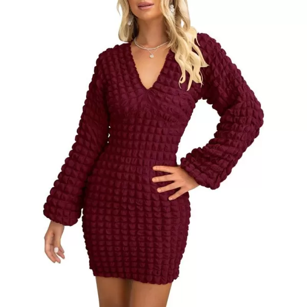 imagePRETTYGARDEN Womens Fall Mini Bodycon Dress Long Puff Sleeve V Neck Fitted Party Club DressesWine Red