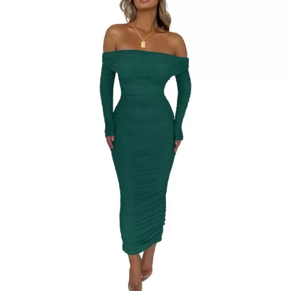 imagePRETTYGARDEN Womens Fall Off Shoulder Maxi Bodycon Dress Long Sleeve Ruched Fitted Club Dresses with SlitGreen