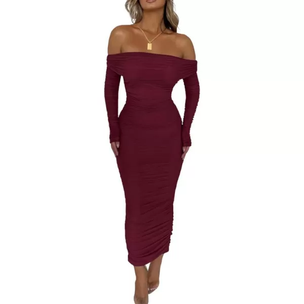 imagePRETTYGARDEN Womens Fall Off Shoulder Maxi Bodycon Dress Long Sleeve Ruched Fitted Club Dresses with SlitWine Red