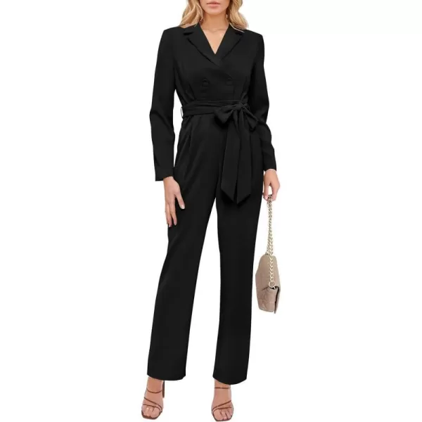 imagePRETTYGARDEN Womens Fall One Piece Jumpsuits Long Sleeve Belt Wide Leg Pants Romper Dressy Elegant Business Casual OutfitsBlack