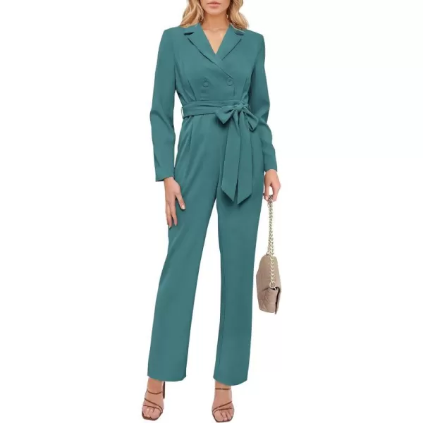 imagePRETTYGARDEN Womens Fall One Piece Jumpsuits Long Sleeve Belt Wide Leg Pants Romper Dressy Elegant Business Casual OutfitsBlue Green