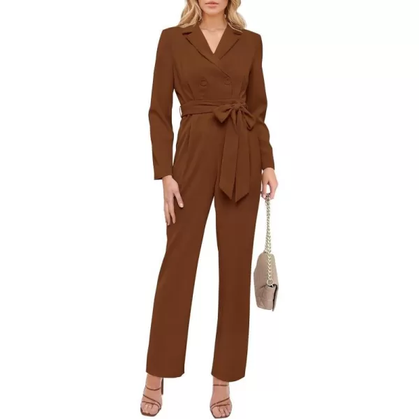 imagePRETTYGARDEN Womens Fall One Piece Jumpsuits Long Sleeve Belt Wide Leg Pants Romper Dressy Elegant Business Casual OutfitsBrown