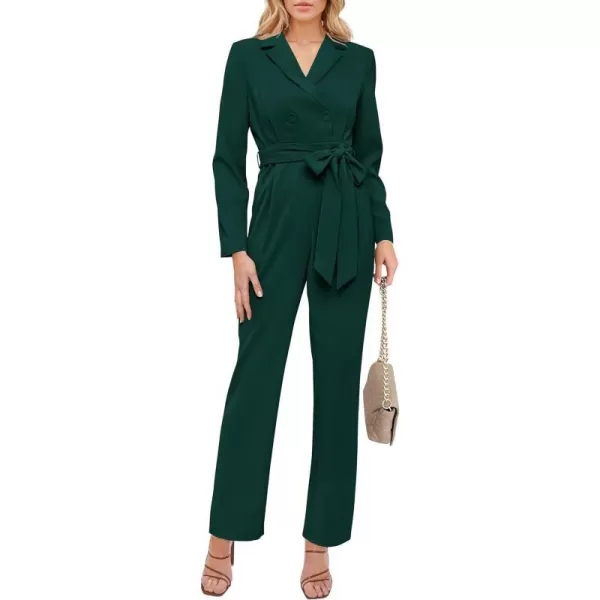 imagePRETTYGARDEN Womens Fall One Piece Jumpsuits Long Sleeve Belt Wide Leg Pants Romper Dressy Elegant Business Casual OutfitsDark Green