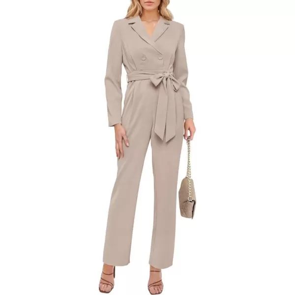 imagePRETTYGARDEN Womens Fall One Piece Jumpsuits Long Sleeve Belt Wide Leg Pants Romper Dressy Elegant Business Casual OutfitsLight Khaki