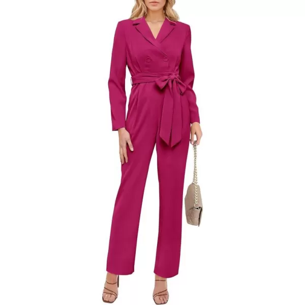 imagePRETTYGARDEN Womens Fall One Piece Jumpsuits Long Sleeve Belt Wide Leg Pants Romper Dressy Elegant Business Casual OutfitsRose Red