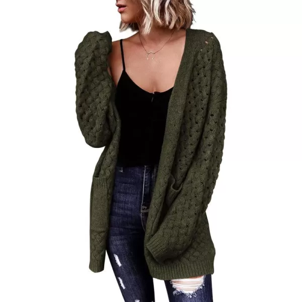 imagePRETTYGARDEN Womens Fall Open Front Chunky Cardigans Casual Long Sleeve Cable Knit Sweater Coat OuterwearArmy Green