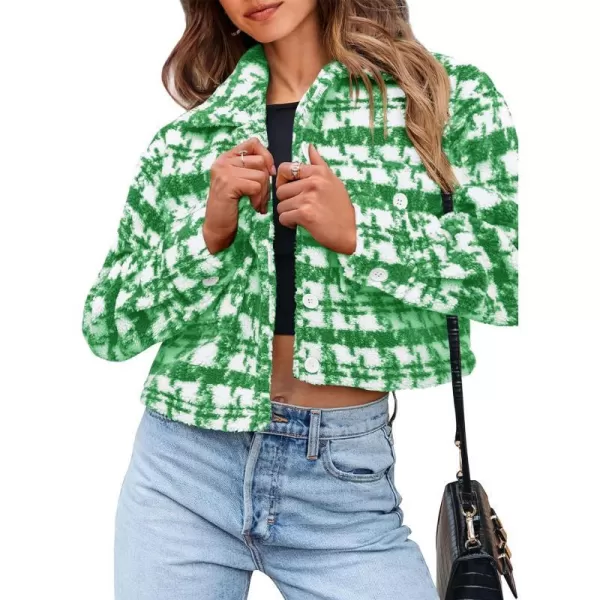 imagePRETTYGARDEN Womens Fall Plaid Shacket Jacket Faux Fur Lapel Open Front Cropped Winter Coats OuterwearBrilliant Green