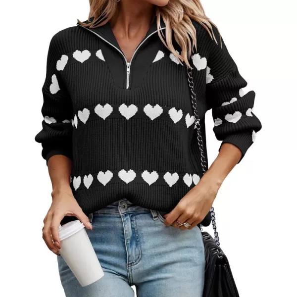 imagePRETTYGARDEN Womens Fall Pullover Heart Sweaters Casual Long Sleeve Ribbed Knit Zip Up Collared Tops BlouseBlack White Heart