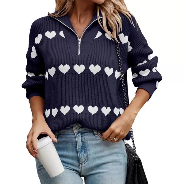 imagePRETTYGARDEN Womens Fall Pullover Heart Sweaters Casual Long Sleeve Ribbed Knit Zip Up Collared Tops BlouseNavy White Heart