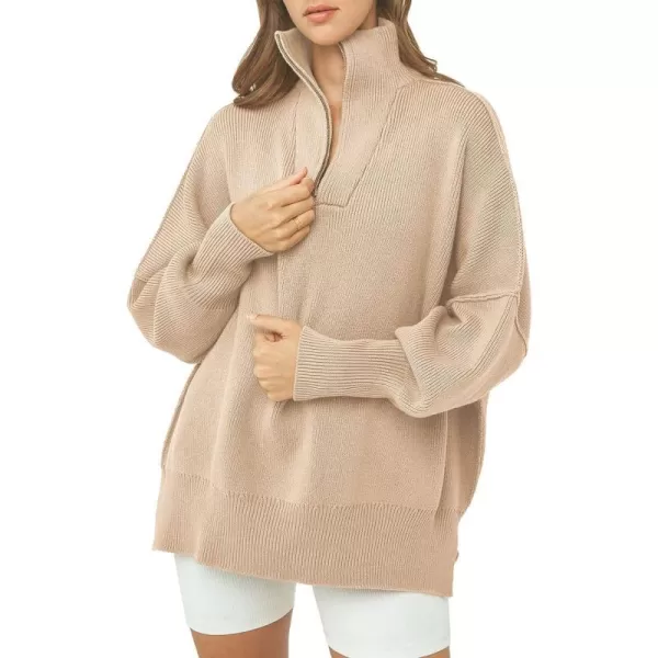 imagePRETTYGARDEN Womens Fall Pullover Oversized Sweaters Casual Long Sleeve Zip Up Lapel V Neck Knitted Winter TopsApricot