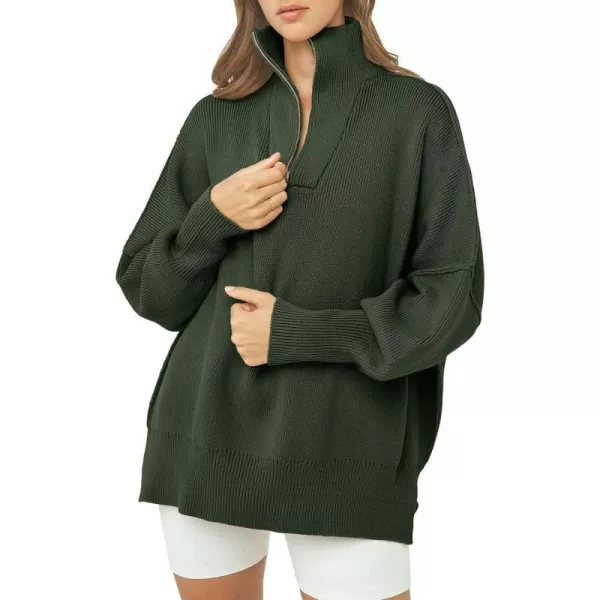 imagePRETTYGARDEN Womens Fall Pullover Oversized Sweaters Casual Long Sleeve Zip Up Lapel V Neck Knitted Winter TopsArmy Green