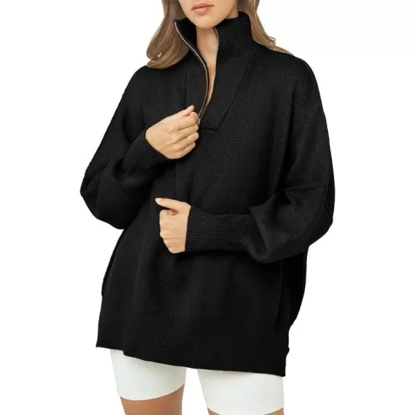 imagePRETTYGARDEN Womens Fall Pullover Oversized Sweaters Casual Long Sleeve Zip Up Lapel V Neck Knitted Winter TopsBlack