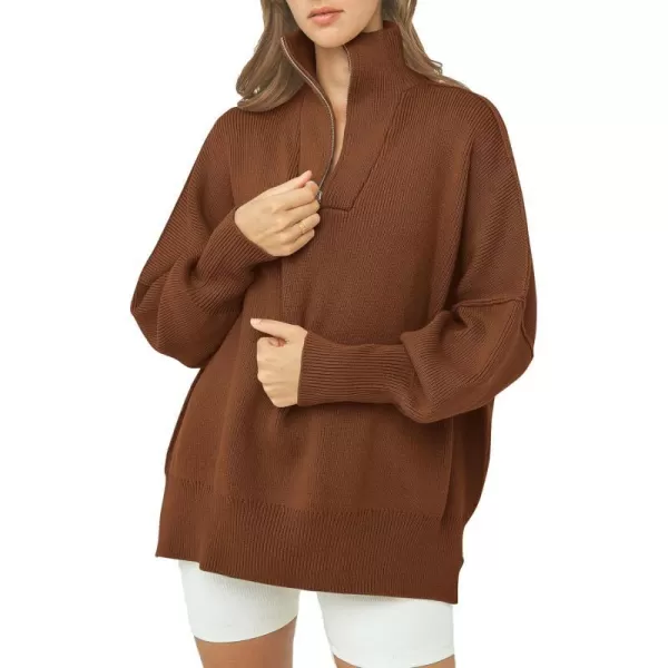 imagePRETTYGARDEN Womens Fall Pullover Oversized Sweaters Casual Long Sleeve Zip Up Lapel V Neck Knitted Winter TopsBrown