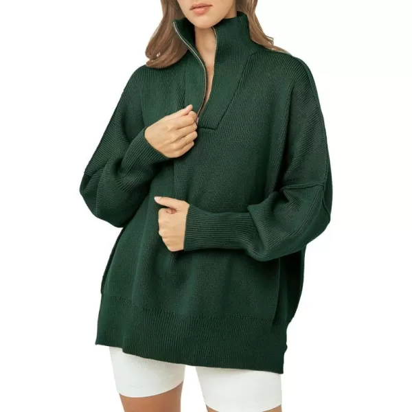 imagePRETTYGARDEN Womens Fall Pullover Oversized Sweaters Casual Long Sleeve Zip Up Lapel V Neck Knitted Winter TopsDark Green