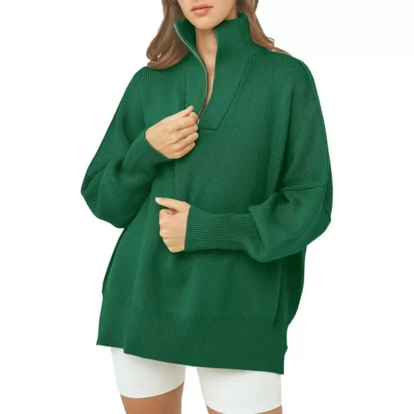 imagePRETTYGARDEN Womens Fall Pullover Oversized Sweaters Casual Long Sleeve Zip Up Lapel V Neck Knitted Winter TopsGreen