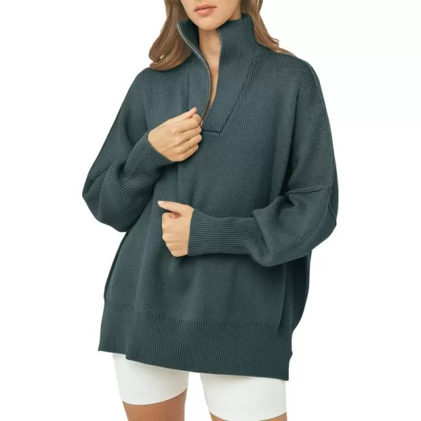 imagePRETTYGARDEN Womens Fall Pullover Oversized Sweaters Casual Long Sleeve Zip Up Lapel V Neck Knitted Winter TopsGrey Green