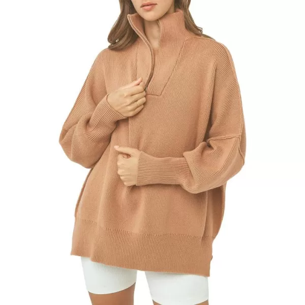 imagePRETTYGARDEN Womens Fall Pullover Oversized Sweaters Casual Long Sleeve Zip Up Lapel V Neck Knitted Winter TopsKhaki