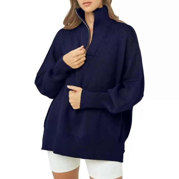 imagePRETTYGARDEN Womens Fall Pullover Oversized Sweaters Casual Long Sleeve Zip Up Lapel V Neck Knitted Winter TopsNavy
