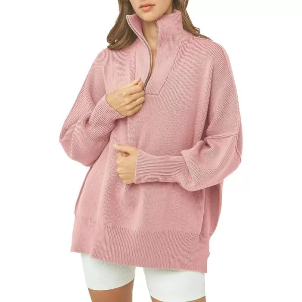 imagePRETTYGARDEN Womens Fall Pullover Oversized Sweaters Casual Long Sleeve Zip Up Lapel V Neck Knitted Winter TopsPink
