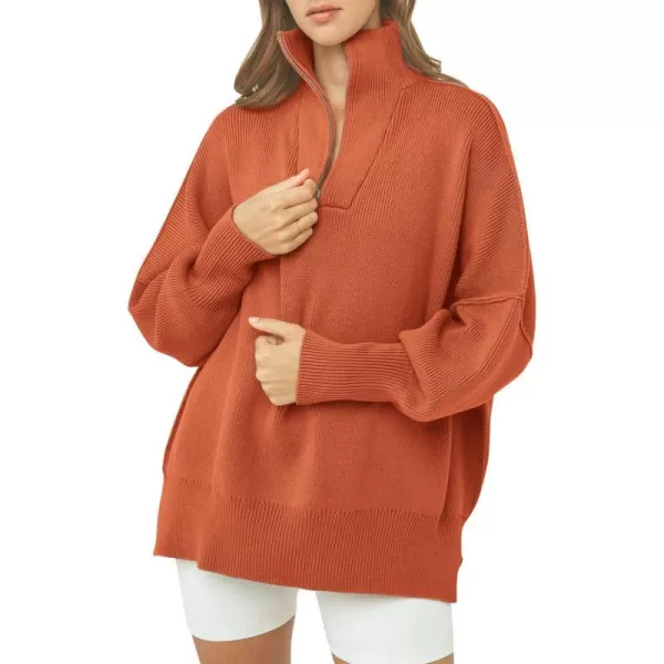 imagePRETTYGARDEN Womens Fall Pullover Oversized Sweaters Casual Long Sleeve Zip Up Lapel V Neck Knitted Winter TopsRust Red