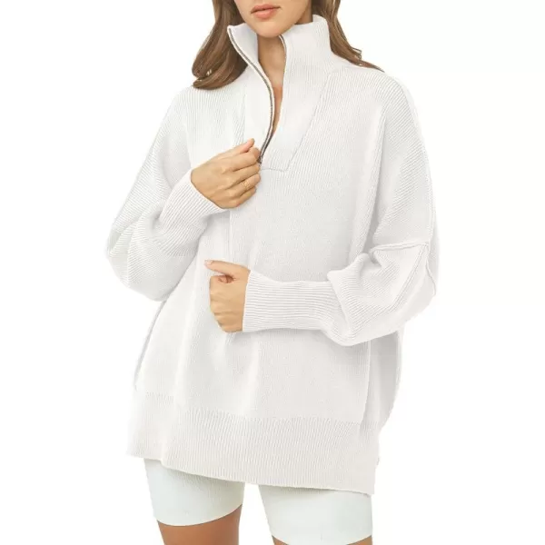 imagePRETTYGARDEN Womens Fall Pullover Oversized Sweaters Casual Long Sleeve Zip Up Lapel V Neck Knitted Winter TopsWhite