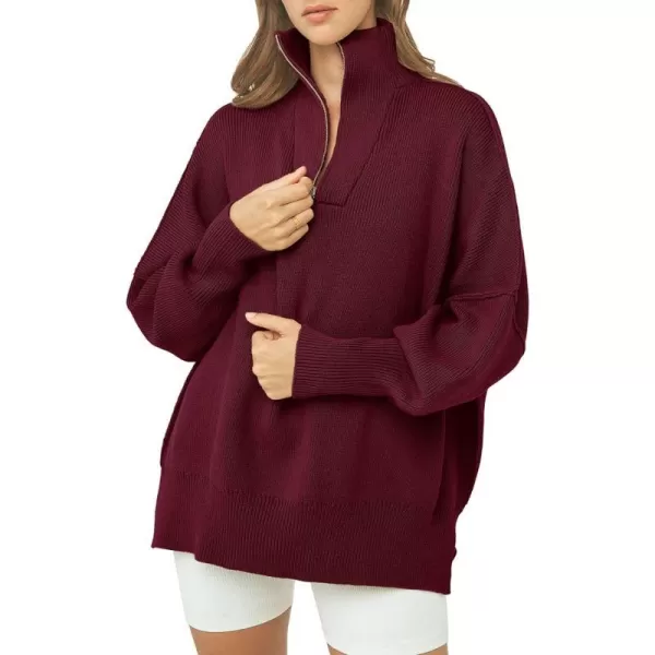 imagePRETTYGARDEN Womens Fall Pullover Oversized Sweaters Casual Long Sleeve Zip Up Lapel V Neck Knitted Winter TopsWine Red